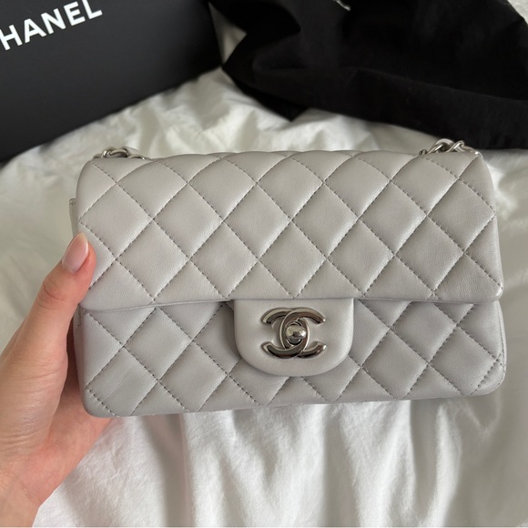 Chanel Light Grey Rectangle Mini Lambskin Classic Flap Silver Hardware - Picture 2 of 11